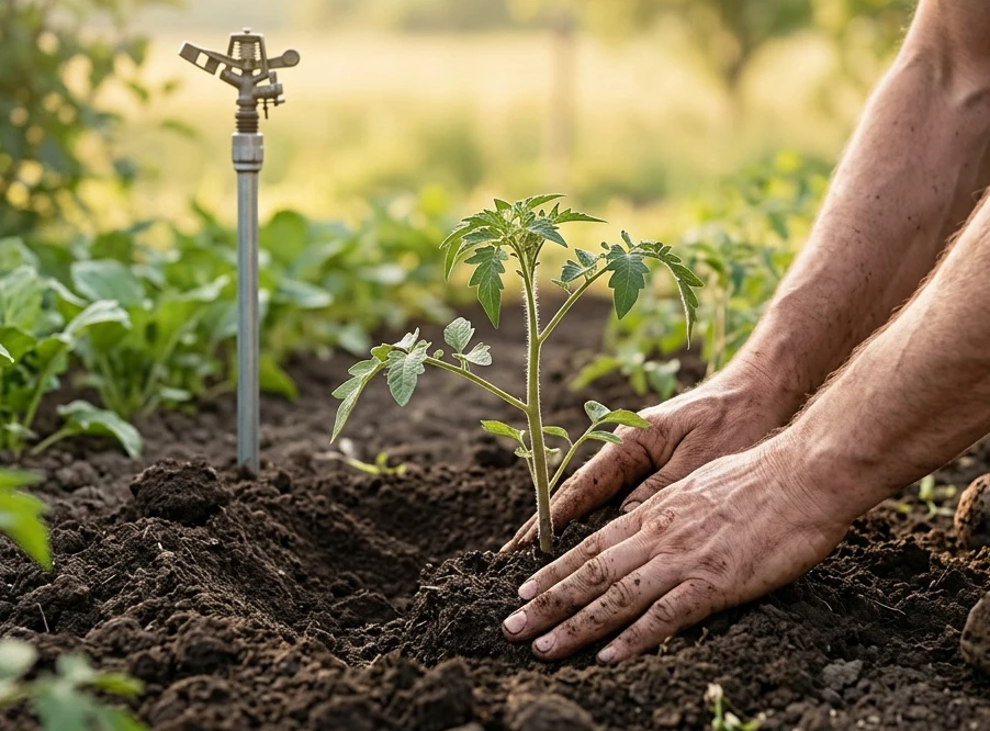 Gärtner stellt Bewässerung an Pflanzen und Beeten ein.